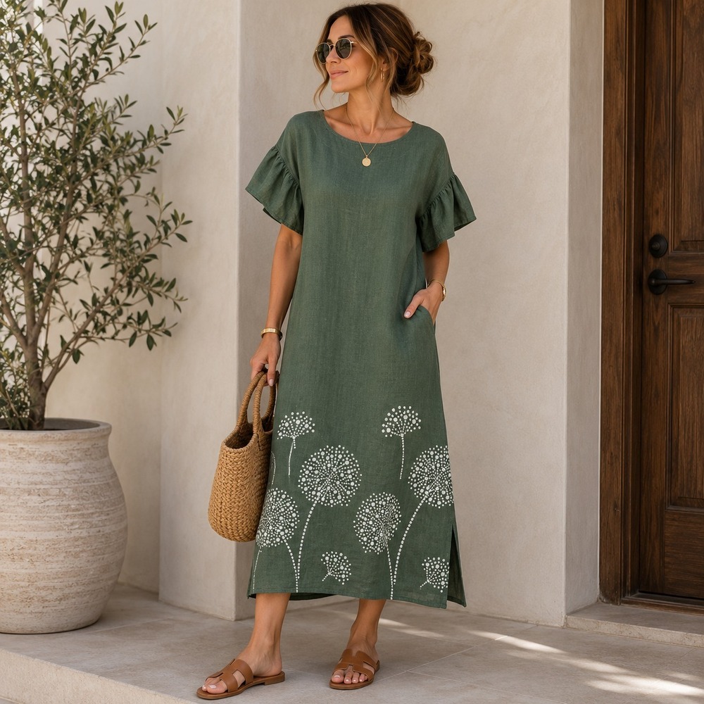 Le Ragazze Linen Dress M Olive Green Dandelion Print Made In Italy Lagenlook